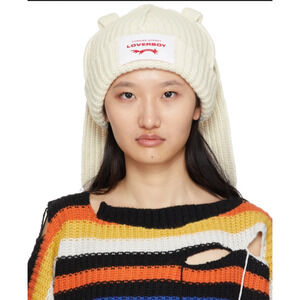EUC Charles Jeffrey Loverboy Ivory Wool Chunky Rabbit Beanie Hat